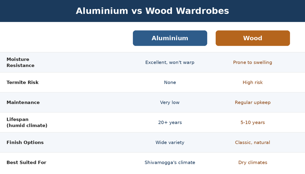 Aluminium vs wood wardrobe comparison chart for Shivamogga homes